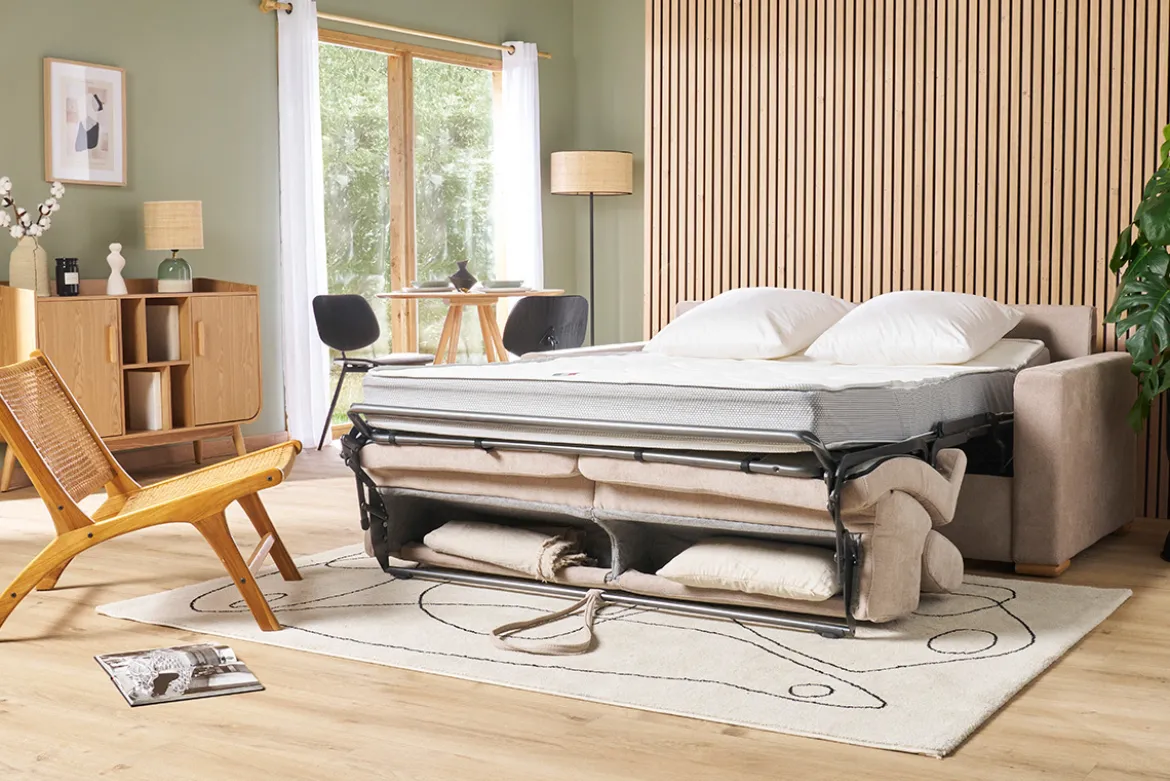 Canapé convertible avec têtières ajustables 3 places en tissu bleu canard avec matelas 18 cm NORO
