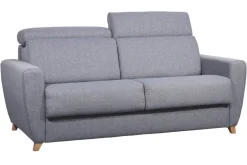 Canapé convertible avec têtières ajustables 3 places en tissu gris et bois clair et matelas 18 cm GOYA