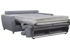 Canapé convertible avec têtières ajustables 3 places en tissu gris et bois clair et matelas 18 cm GOYA