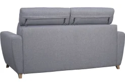 Canapé convertible avec têtières ajustables 3 places en tissu gris et bois clair et matelas 18 cm GOYA