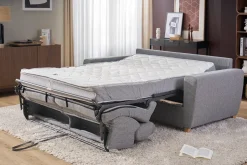 Canapé convertible avec têtières ajustables 3 places en tissu gris et bois clair et matelas 18 cm GOYA