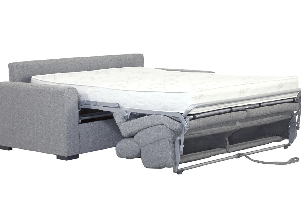 Canapé convertible avec têtières ajustables 3 places en tissu gris clair avec matelas 18 cm NORO