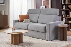 Canapé convertible avec têtières ajustables 3 places en tissu gris clair avec matelas 18 cm NORO