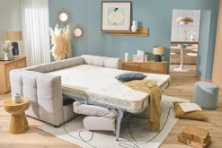 Canapé convertible design 3 places en tissu effet velours texturé beige CORTO