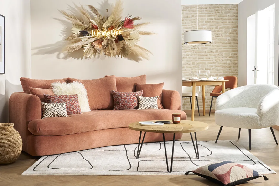 Canapé convertible déhoussable 3-4 places design haricot en tissu effet velours terre brûlée SACHA