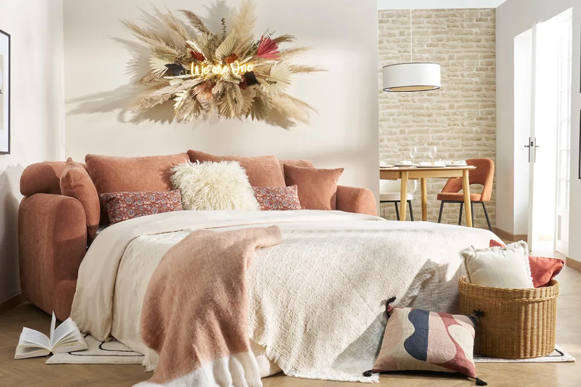 Canapé convertible déhoussable 3-4 places design haricot en tissu effet velours terre brûlée SACHA