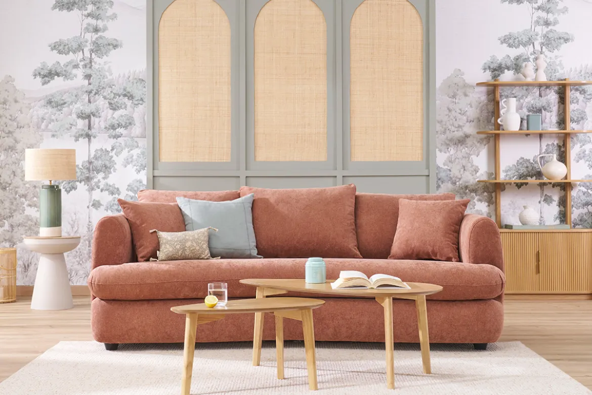 Canapé convertible déhoussable 3-4 places design haricot en tissu effet velours terre brûlée SACHA