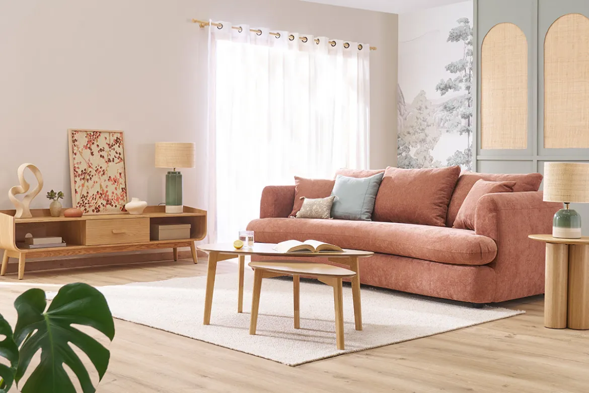 Canapé convertible déhoussable 3-4 places design haricot en tissu effet velours terre brûlée SACHA