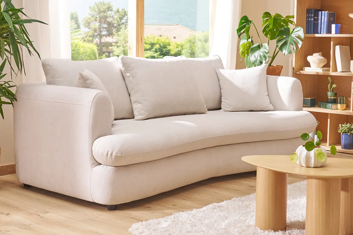 Canapé convertible déhoussable 3-4 places design haricot en tissu effet velours beige clair SACHA