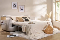 Canapé convertible déhoussable 3-4 places design haricot en tissu effet velours beige clair SACHA