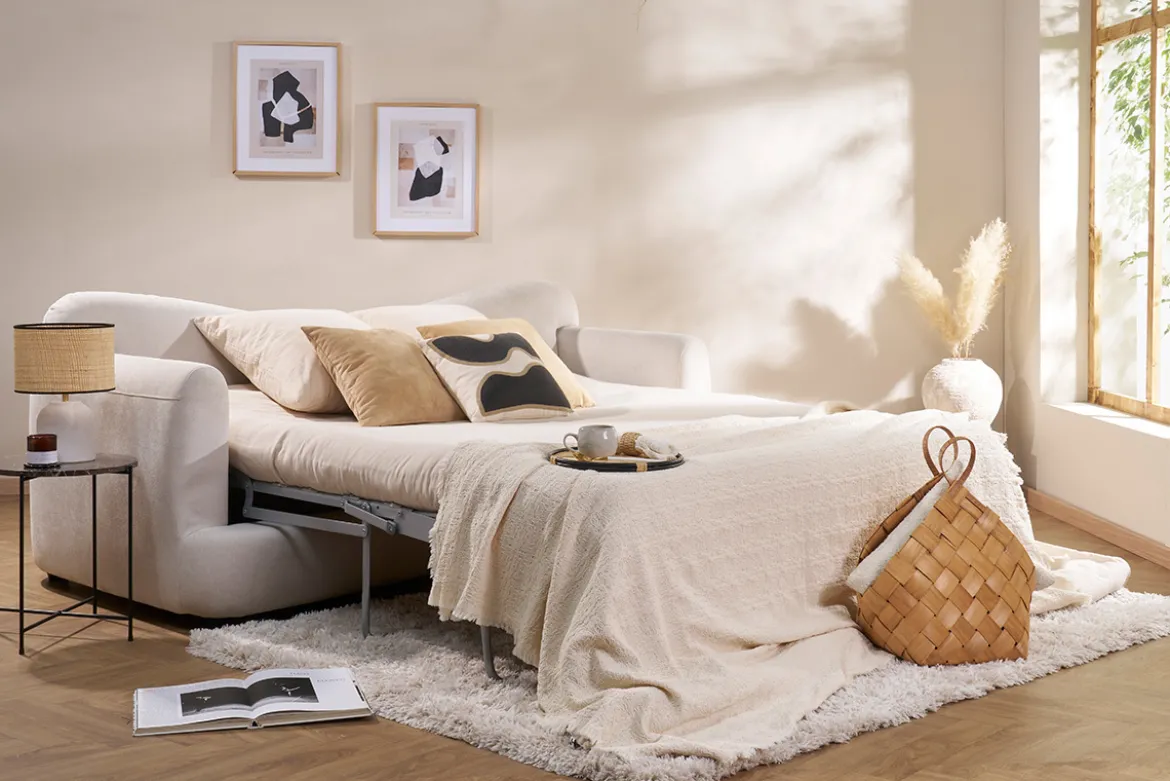 Canapé convertible déhoussable 3-4 places design haricot en tissu effet velours beige clair SACHA