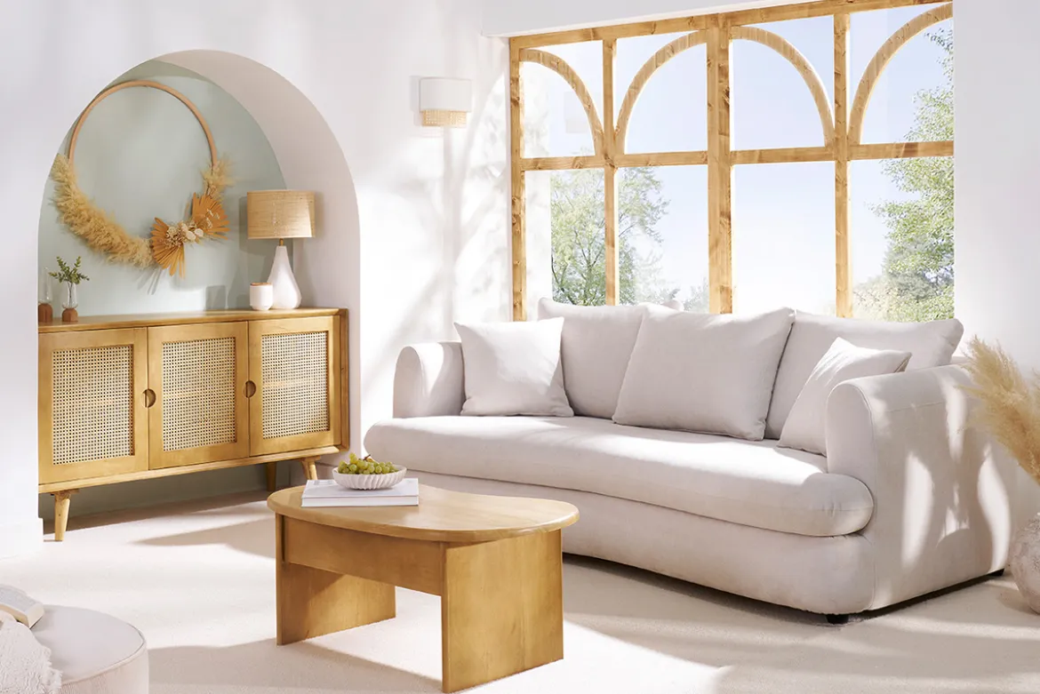 Canapé convertible déhoussable 3-4 places design haricot en tissu effet velours beige clair SACHA