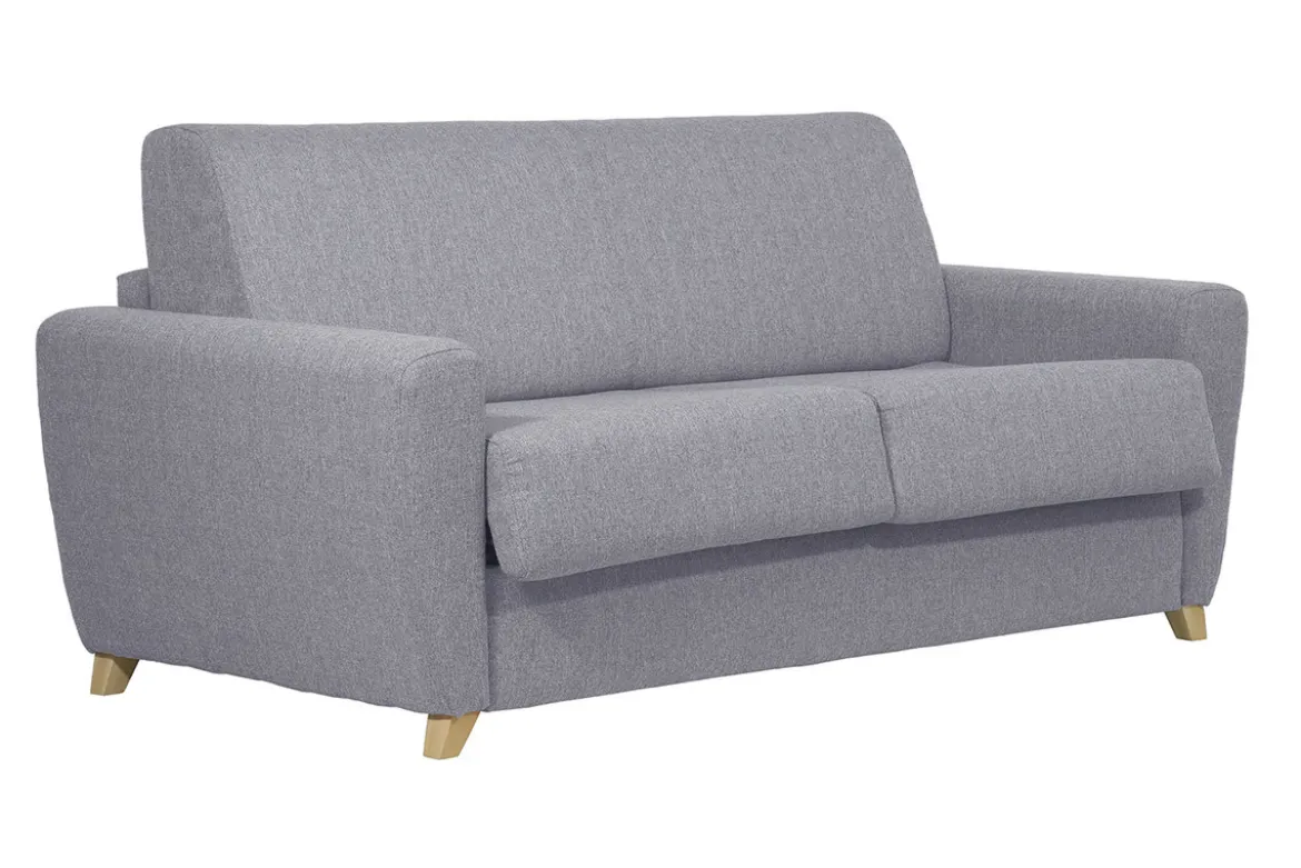 Canapé convertible en tissu gris clair et bois clair avec matelas 18 cm GRAHAM