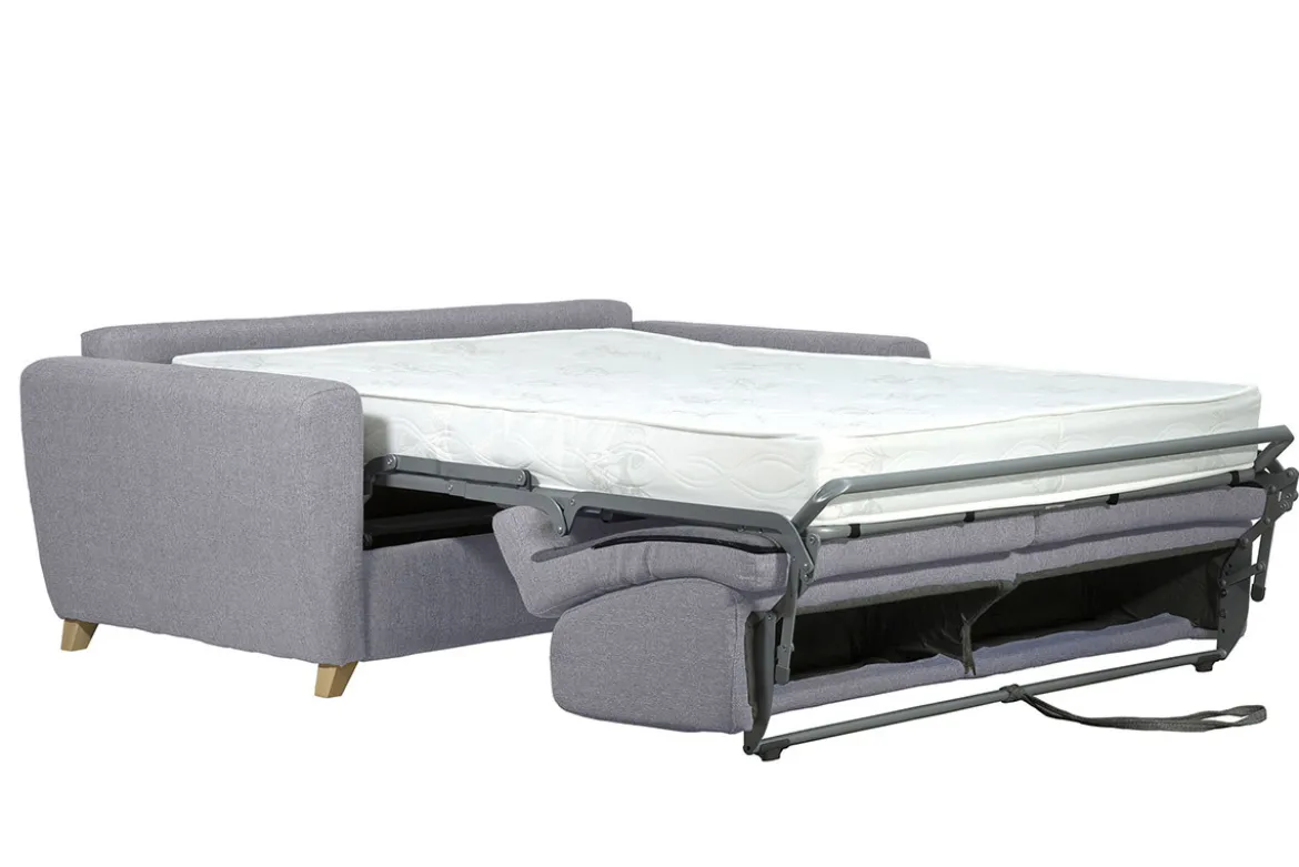 Canapé convertible en tissu gris clair et bois clair avec matelas 18 cm GRAHAM