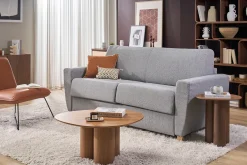 Canapé convertible en tissu gris clair et bois clair avec matelas 18 cm GRAHAM
