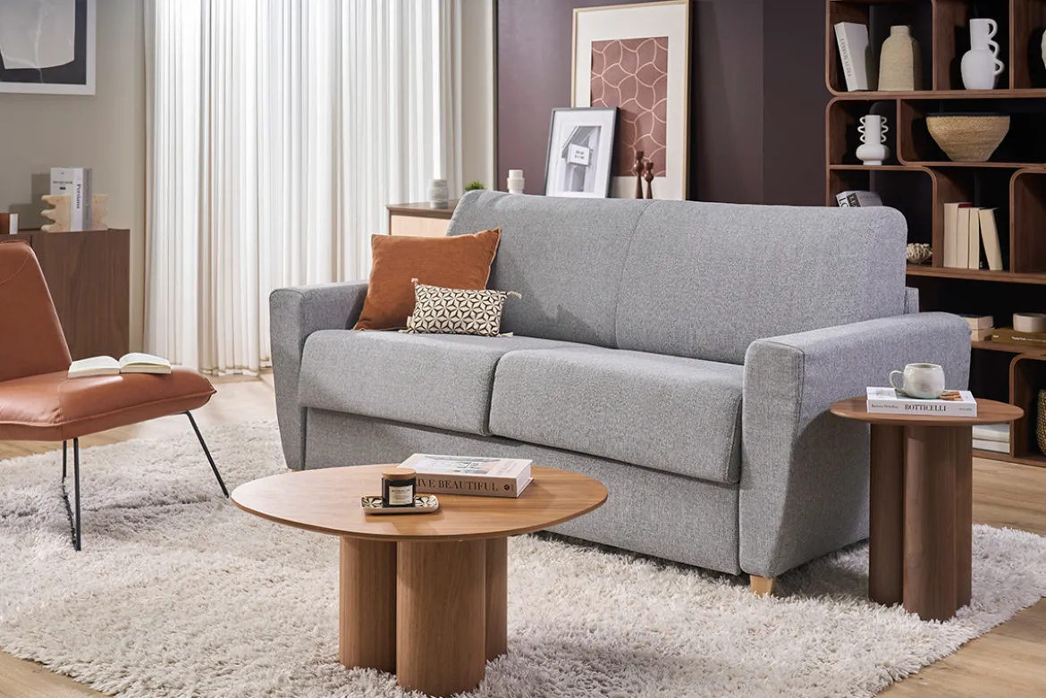 Canapé convertible en tissu gris clair et bois clair avec matelas 18 cm GRAHAM