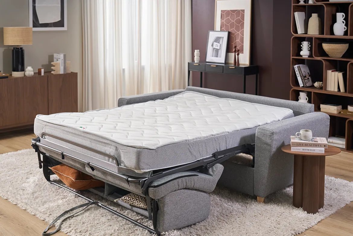 Canapé convertible en tissu gris clair et bois clair avec matelas 18 cm GRAHAM