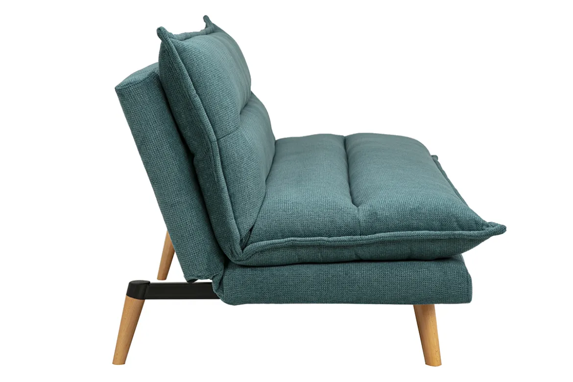 Canapé convertible 3 places en tissu chenille bleu canard et bois clair BINGO