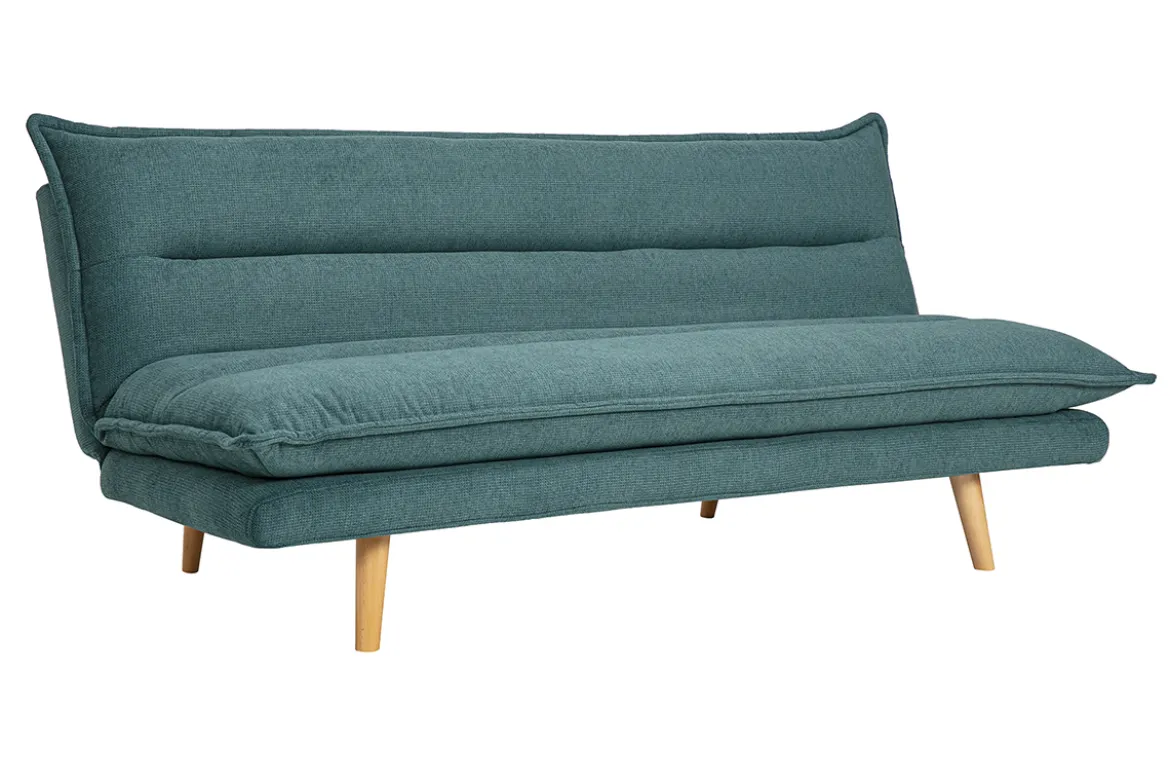 Canapé convertible 3 places en tissu chenille bleu canard et bois clair BINGO