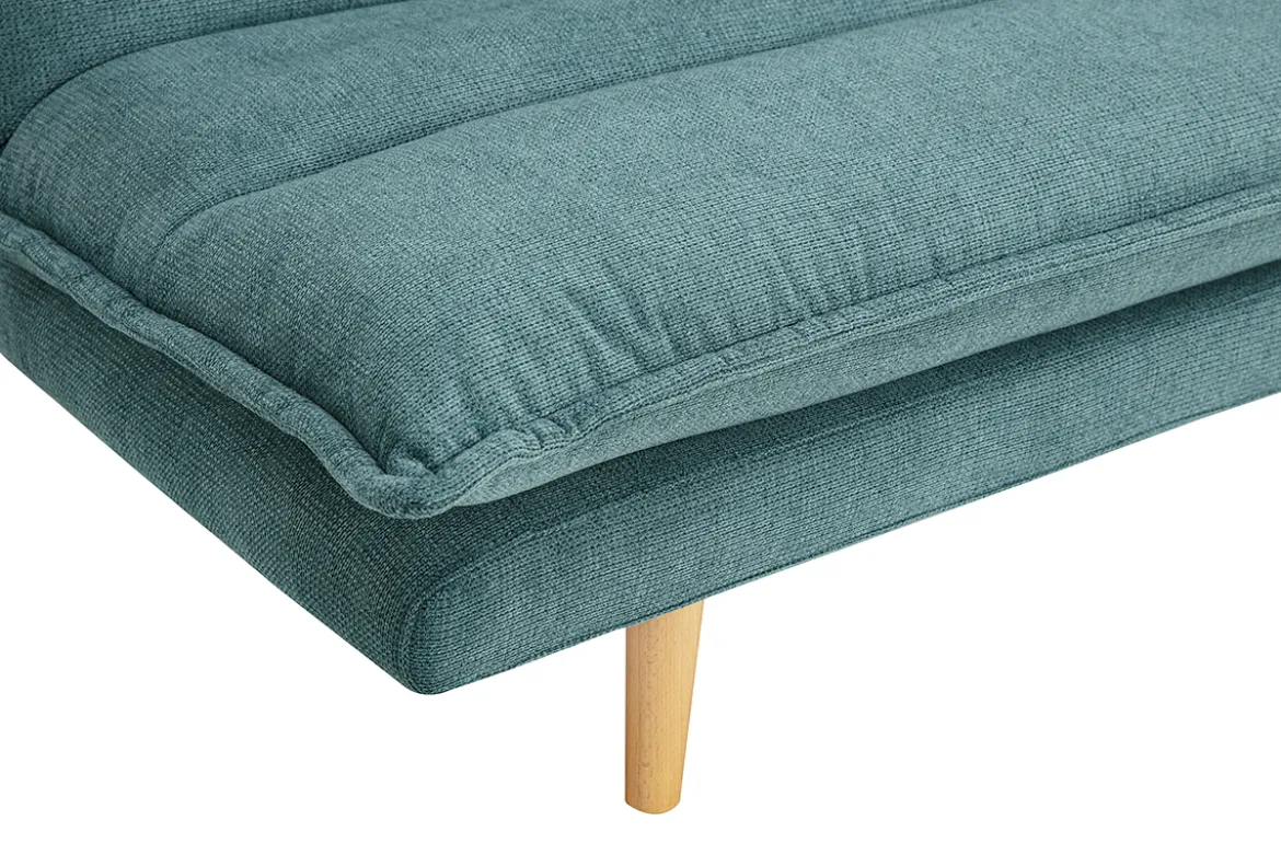 Canapé convertible 3 places en tissu chenille bleu canard et bois clair BINGO