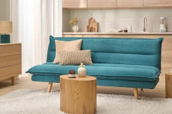 Canapé convertible 3 places en tissu chenille bleu canard et bois clair BINGO