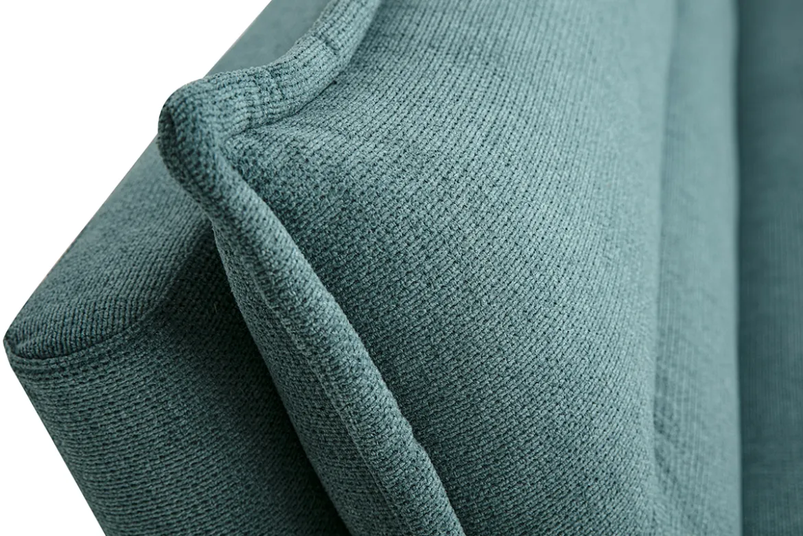 Canapé convertible 3 places en tissu chenille bleu canard et bois clair BINGO