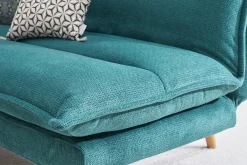 Canapé convertible 3 places en tissu chenille bleu canard et bois clair BINGO