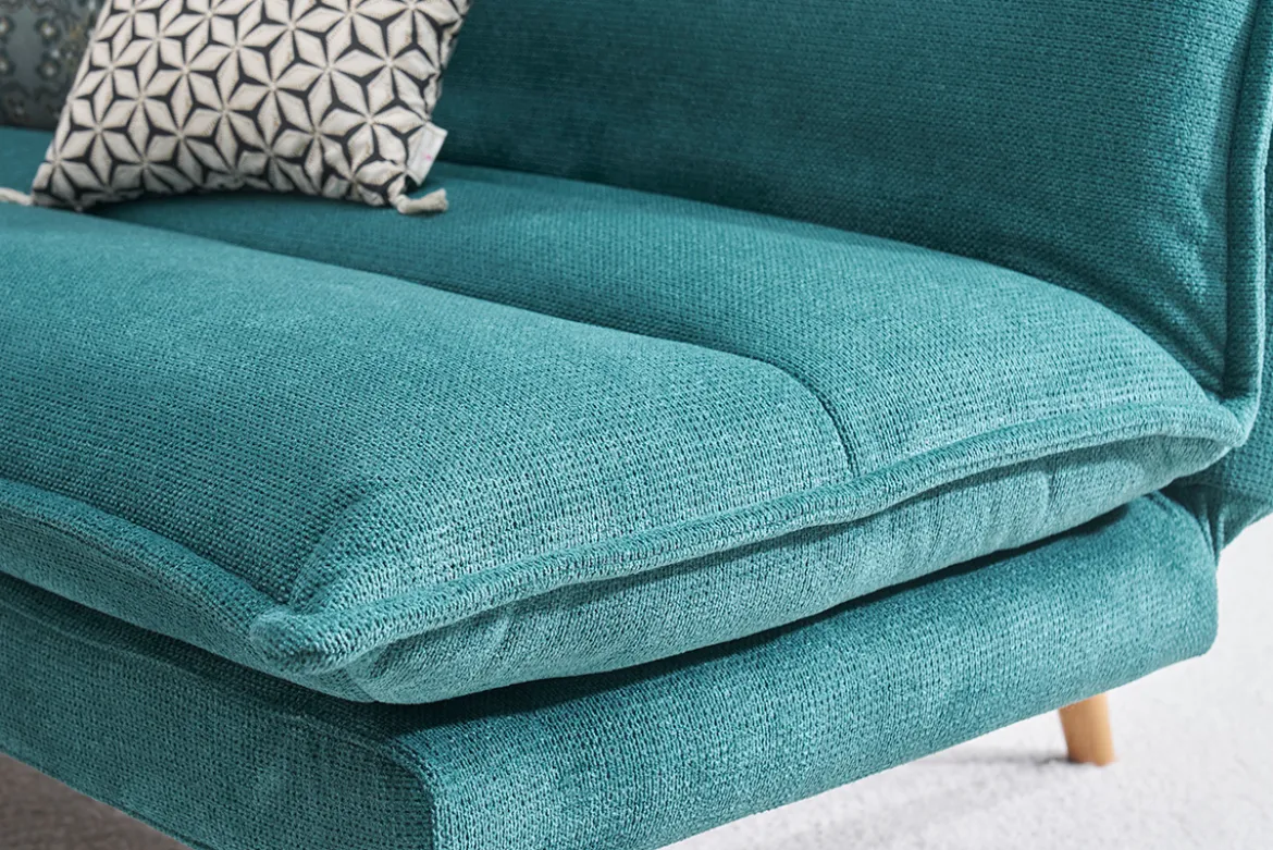 Canapé convertible 3 places en tissu chenille bleu canard et bois clair BINGO