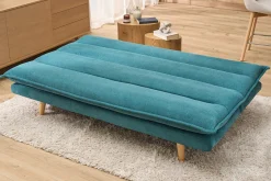 Canapé convertible 3 places en tissu chenille bleu canard et bois clair BINGO