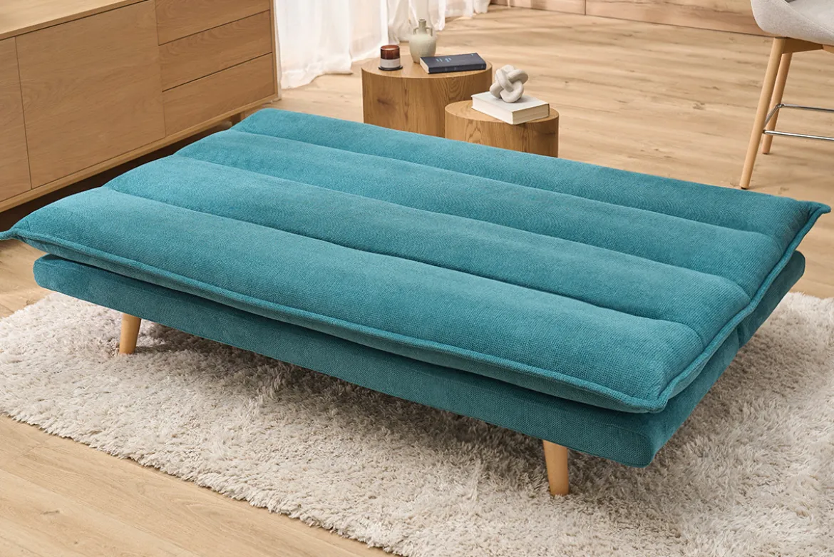 Canapé convertible 3 places en tissu chenille bleu canard et bois clair BINGO