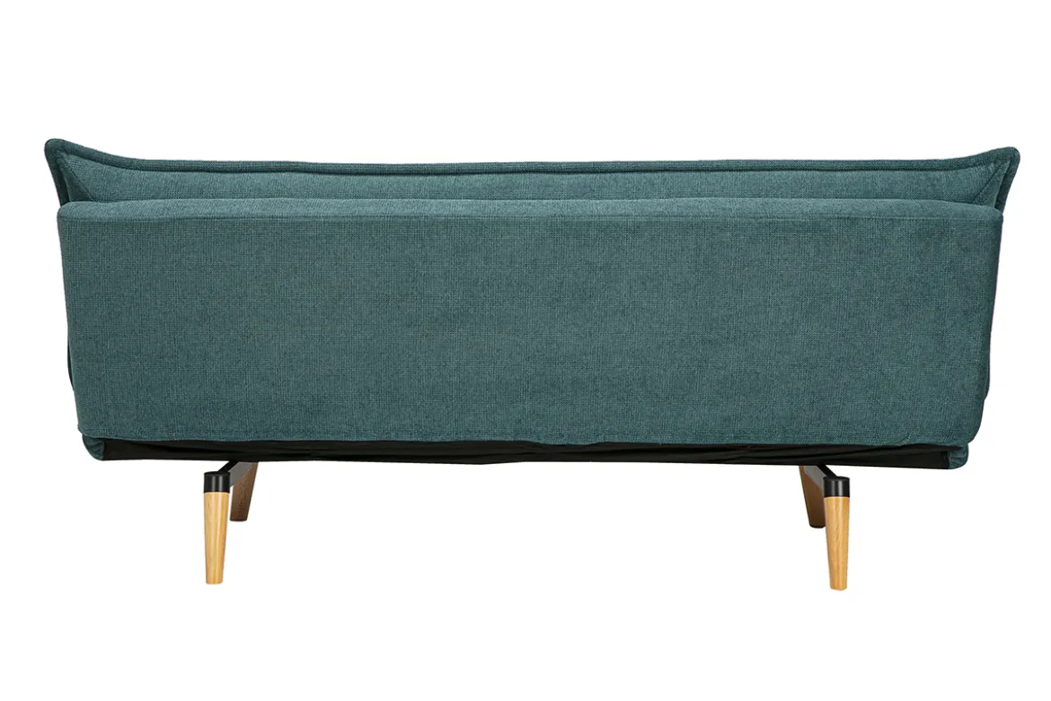 Canapé convertible 3 places en tissu chenille bleu canard et bois clair BINGO