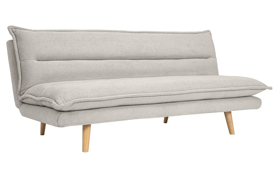 Canapé convertible 3 places en tissu chenille beige et bois clair BINGO