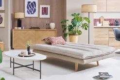 Canapé convertible 3 places en tissu chenille beige et bois clair BINGO
