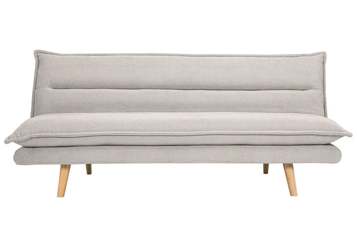 Canapé convertible 3 places en tissu chenille beige et bois clair BINGO