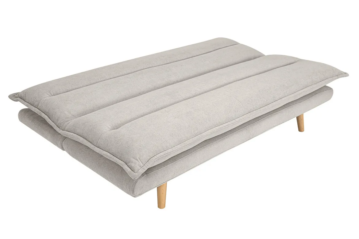 Canapé convertible 3 places en tissu chenille beige et bois clair BINGO