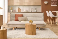 Canapé convertible 3 places en tissu chenille beige et bois clair BINGO
