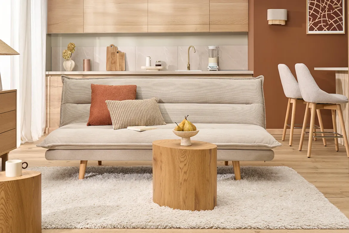 Canapé convertible 3 places en tissu chenille beige et bois clair BINGO