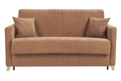 Canapé convertible 3 places en tissu effet velours terre brûlée et bois clair avec matelas 18 cm SKANDY