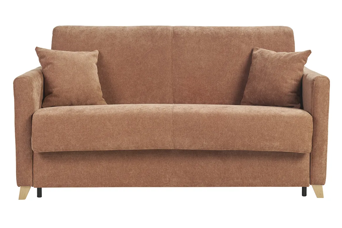 Canapé convertible 3 places en tissu effet velours terre brûlée et bois clair avec matelas 18 cm SKANDY