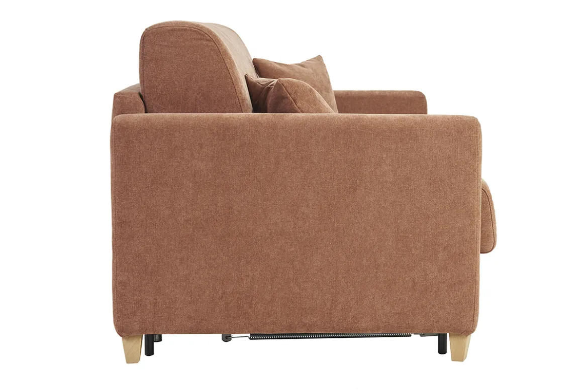 Canapé convertible 3 places en tissu effet velours terre brûlée et bois clair avec matelas 18 cm SKANDY