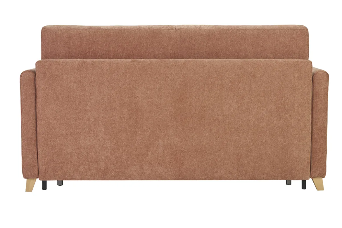 Canapé convertible 3 places en tissu effet velours terre brûlée et bois clair avec matelas 18 cm SKANDY