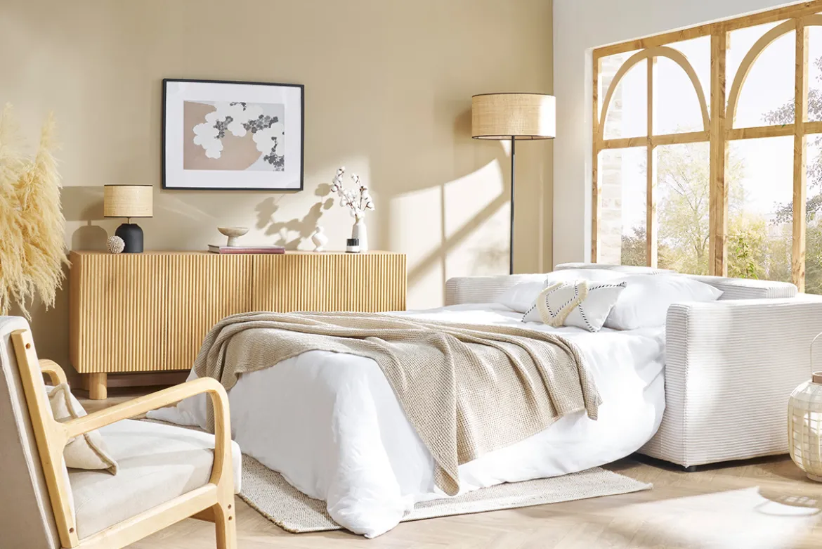 Canapé convertible 3 places en tissu velours côtelé beige avec matelas 13 cm BACIO