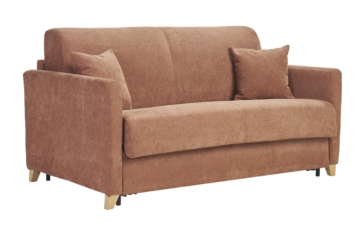Canapé convertible 2-3 places en tissu effet velours terre brûlée et bois clair avec matelas 13 cm SKANDY