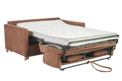Canapé convertible 2-3 places en tissu effet velours terre brûlée et bois clair avec matelas 13 cm SKANDY