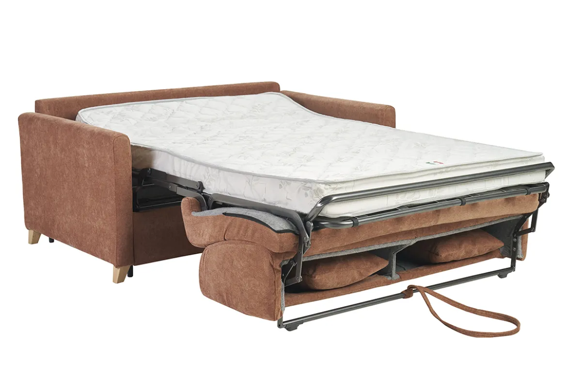 Canapé convertible 2-3 places en tissu effet velours terre brûlée et bois clair avec matelas 13 cm SKANDY