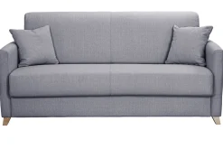 Canapé convertible 3 places en tissu gris clair et bois clair avec matelas 18 cm SKANDY