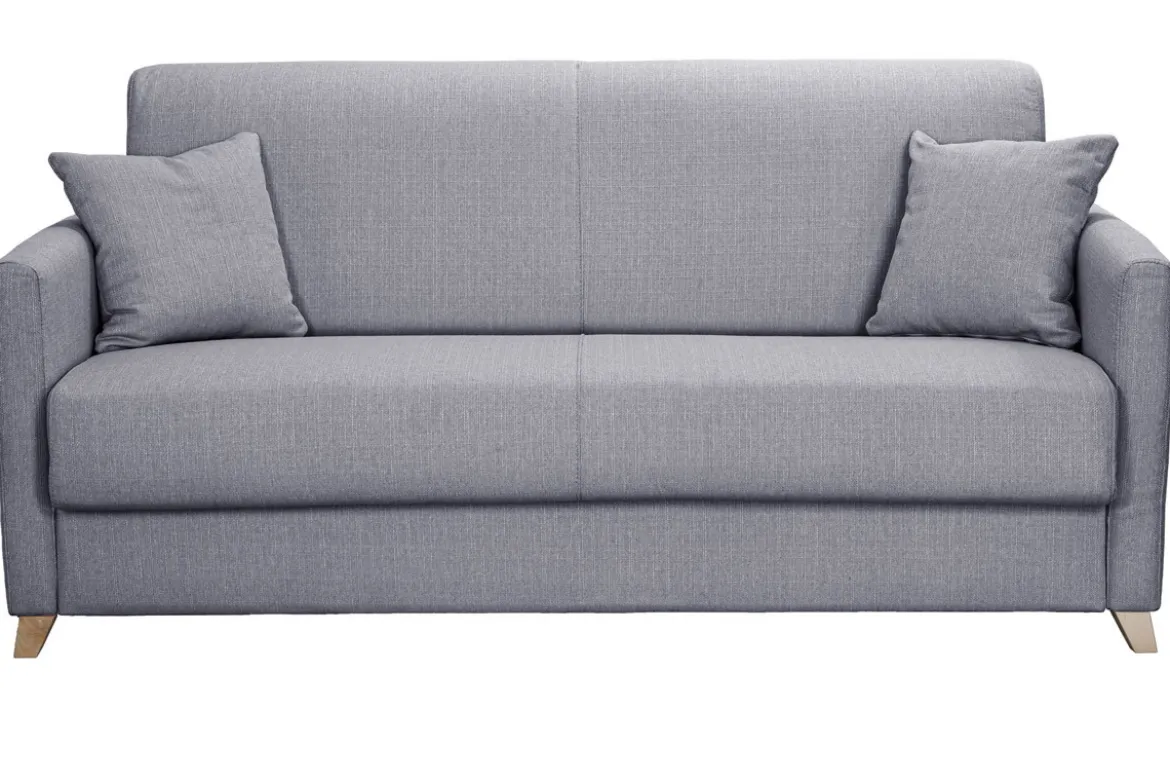 Canapé convertible 3 places en tissu gris clair et bois clair avec matelas 18 cm SKANDY