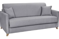 Canapé convertible 3 places en tissu gris clair et bois clair avec matelas 18 cm SKANDY
