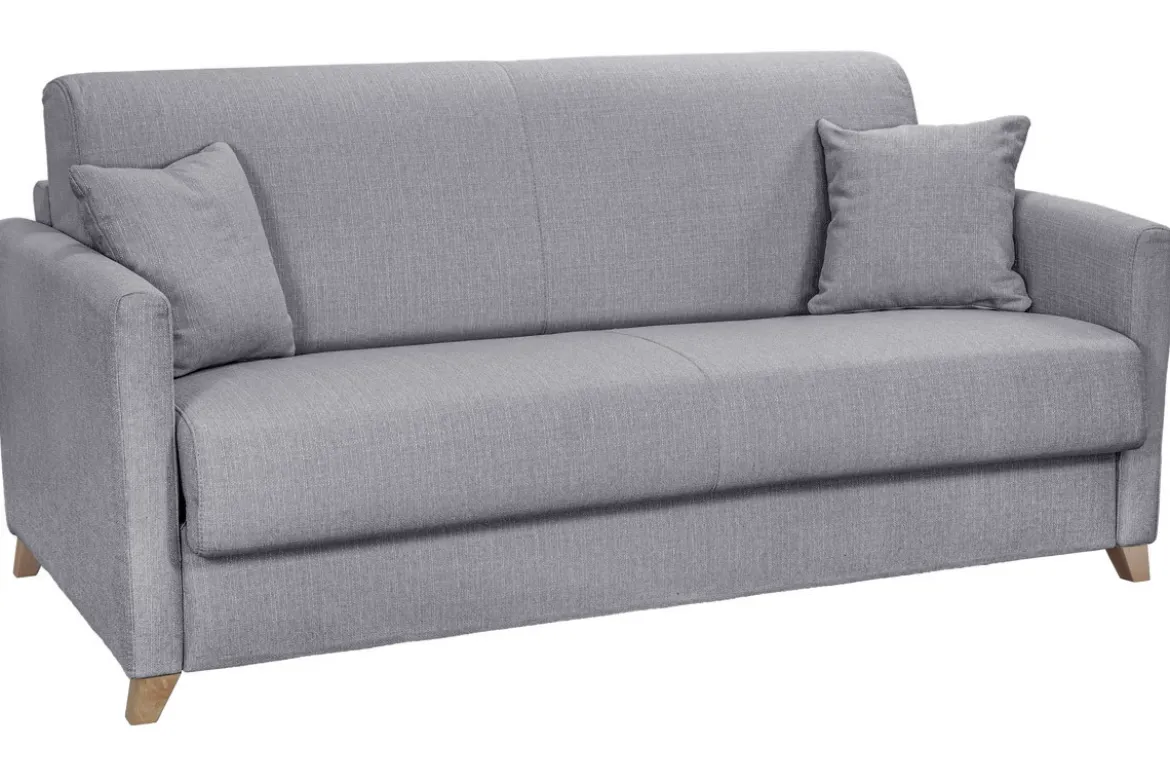 Canapé convertible 3 places en tissu gris clair et bois clair avec matelas 18 cm SKANDY