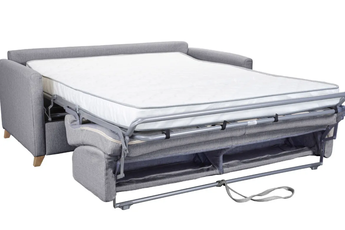 Canapé convertible 3 places en tissu gris clair et bois clair avec matelas 18 cm SKANDY